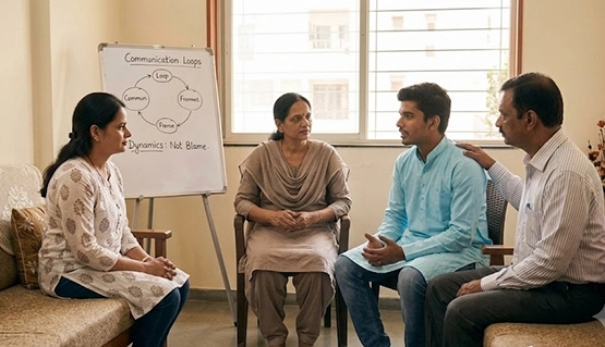 Structured family therapy sessions at Veda involving the client and key family members